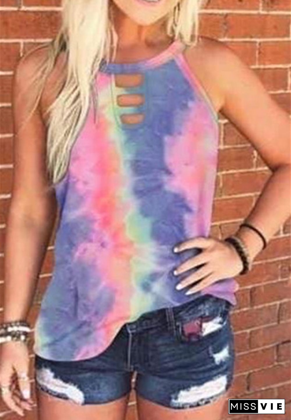 Multi-colored Tie Dye Hollow Out Neck Tank Top