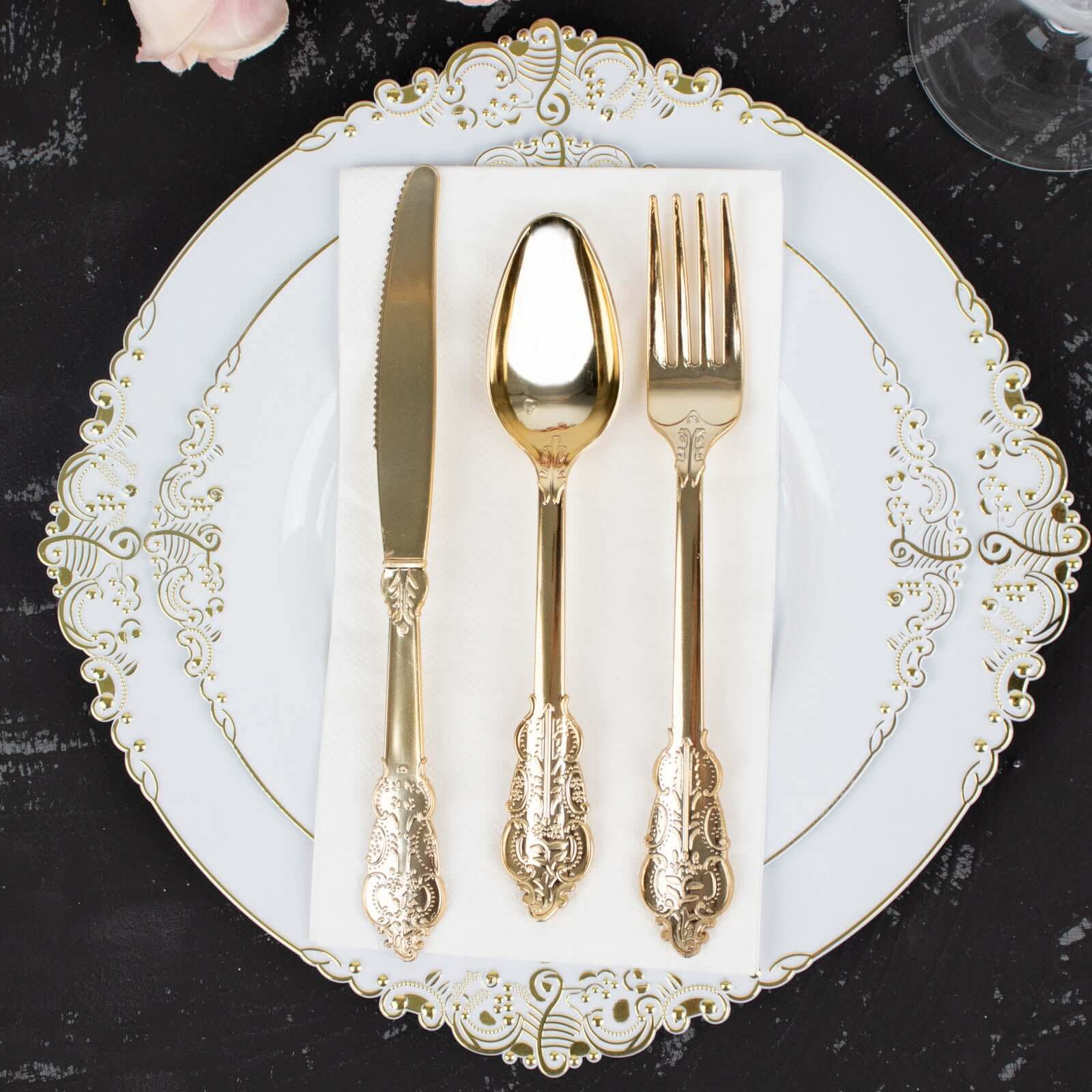 24 Pack Metallic Gold Baroque Style Heavy Duty Plastic Silverware Set