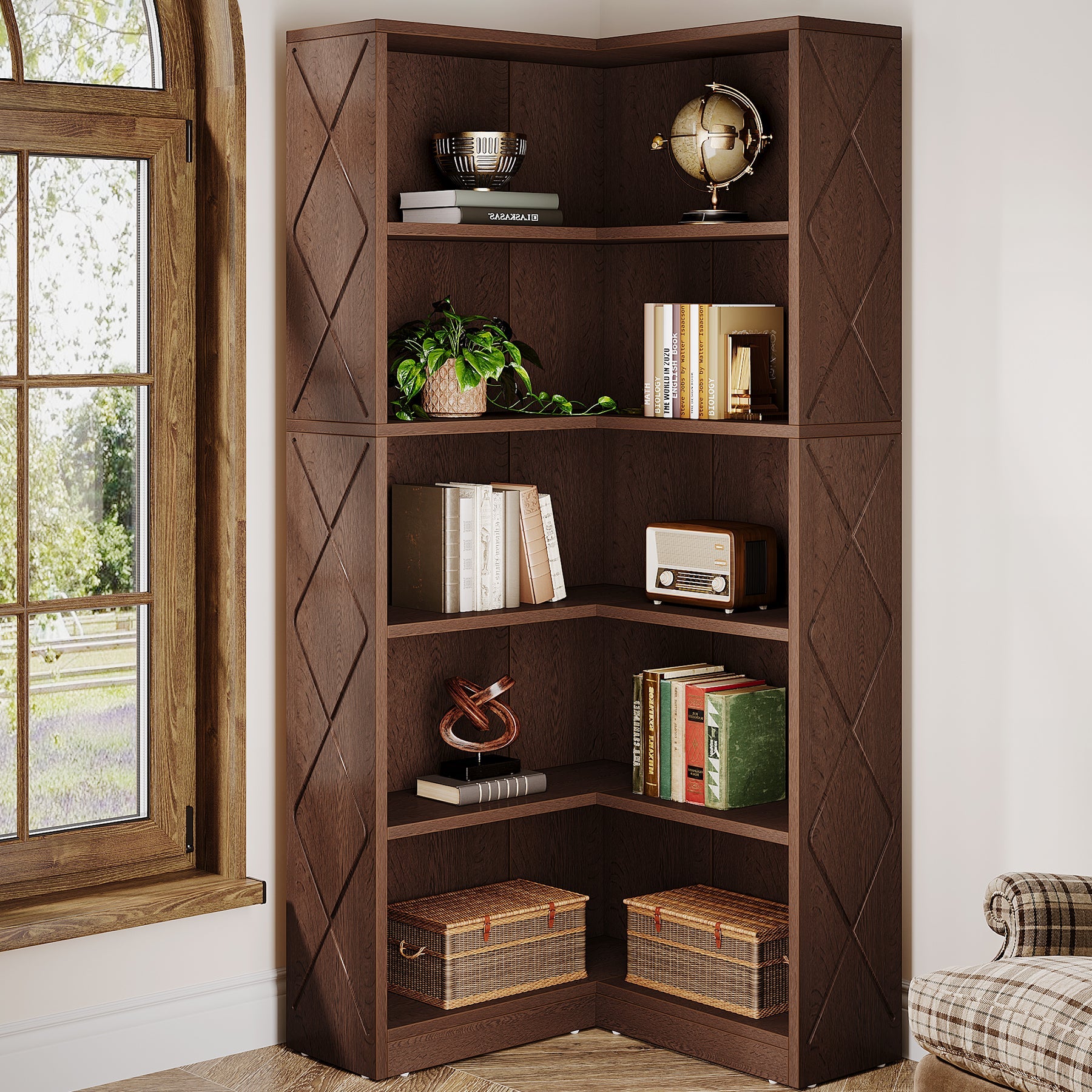 70.9 L-Shaped Bookshelf, Freestanding Corner Bookcase 5-Tier Display Rack