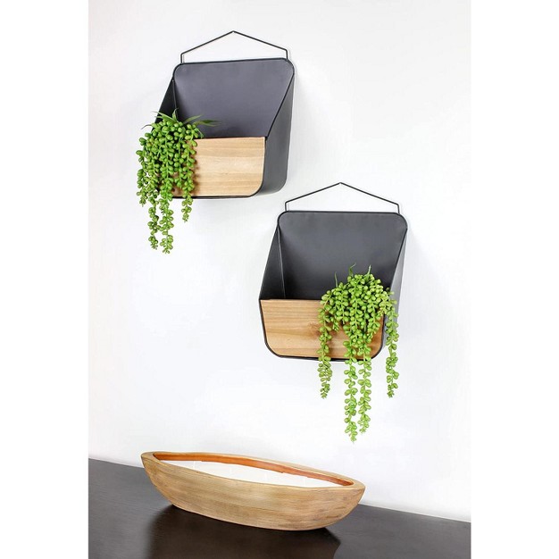 Auldhome Design Wood And Black Metal Wall Pockets 2pk Boho Farmhouse Decor Vases greenery Wall Planters baskets pocket Shelves