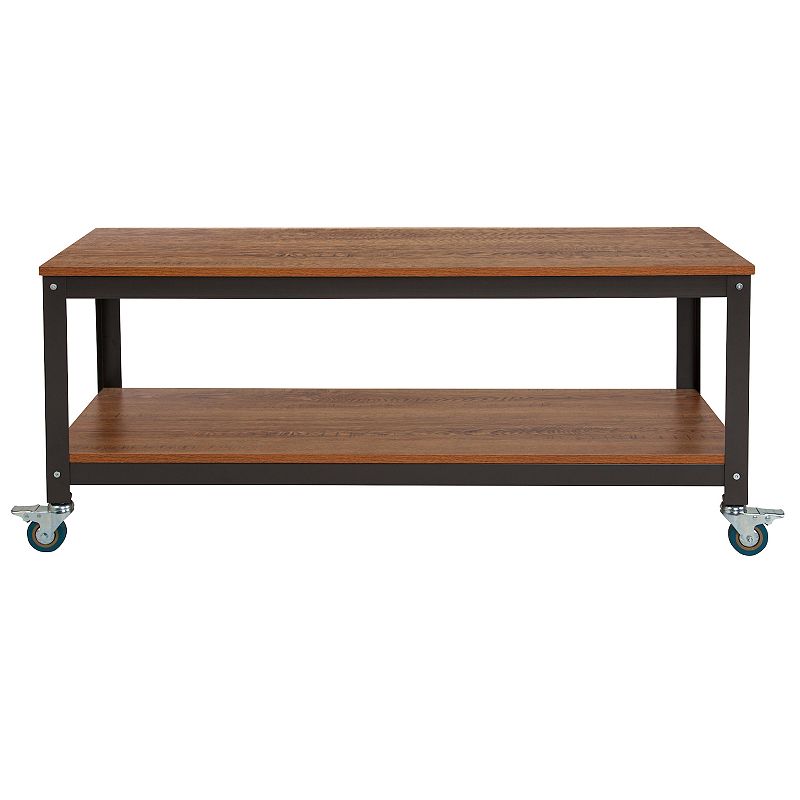 Emma and Oliver TV Stand in Brown Oak Wood Grain Finish with Metal Wheels