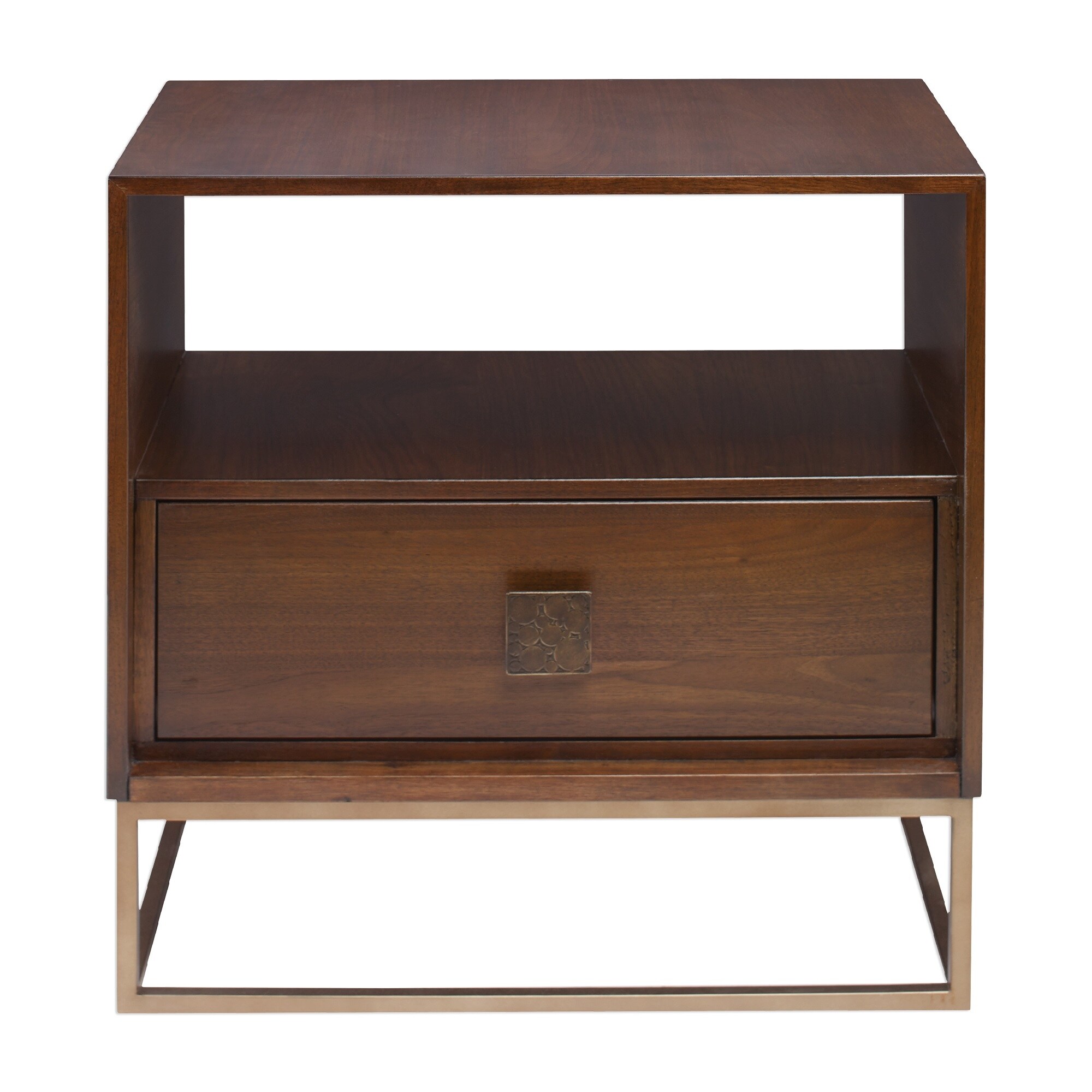 25” Brown Walnut Wood Side Table with Storage Drawers