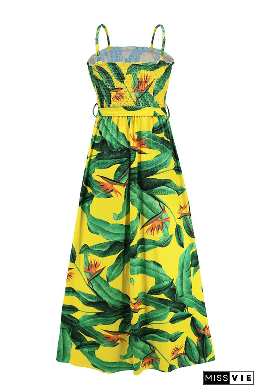 Tropical Print Smocked Top Spagetti Strap Maxi Dress