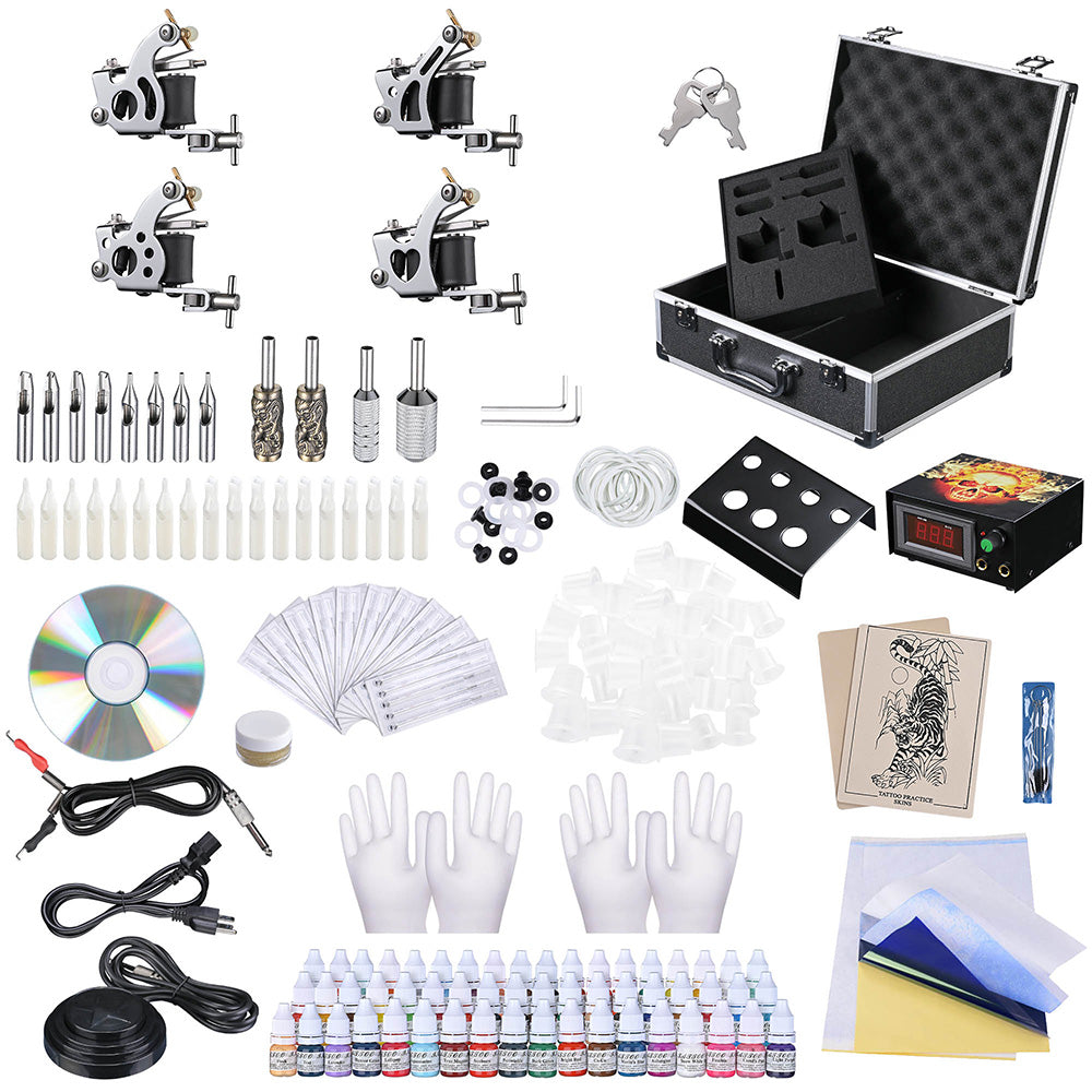 Yescom 4 Tattoo Machine Kit w/ LCD Power Supply 54 Color Inks & Case