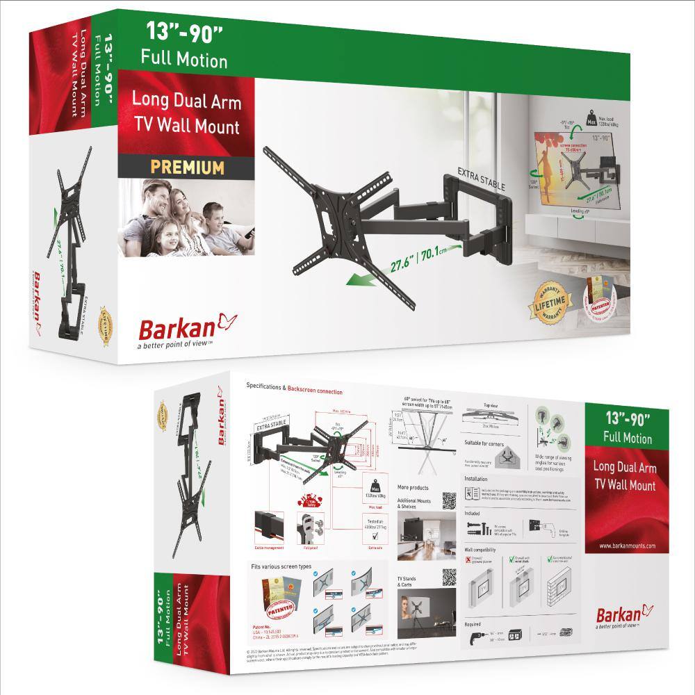 Barkan a Better Point of View Barkan 40 in. to 90 in. Full Motion - 4 Movement Long Flat Curved TV Wall Mount Black Extremely Extendable UL Listed 4800.B