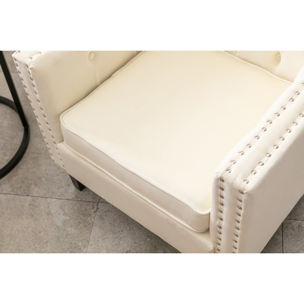 Modern and Cozy Velvet Tufted Accent Chair with Wood Legs， with Nail Decoration， for Living Room， Beige