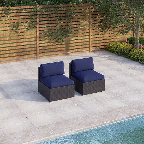 4Piece Patio Outdoor Furniture Sectional Sofa Set AllWeather Wicker Rattan with Navy Blue Cushions