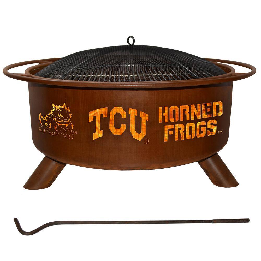 TCU 29 in. x 18 in. Round Steel Wood Burning Rust Fire Pit with Grill Poker Spark Screen and Cover F428