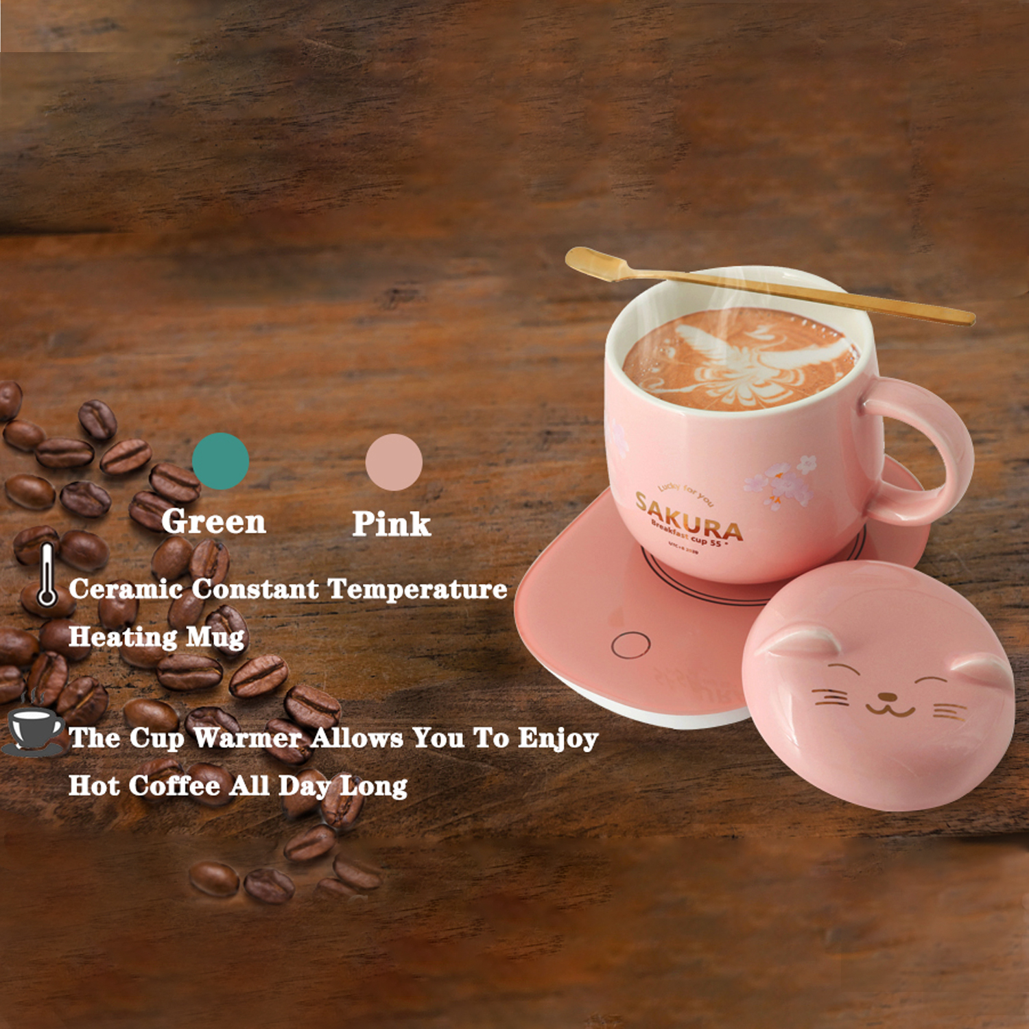 Smart Coffee Mug Warmer， Cat Coffee Cup Warmer Set， Coffee Warmer Mug Warmer with Cup for Desk， Ceramic Cup Warmer Set， Pink