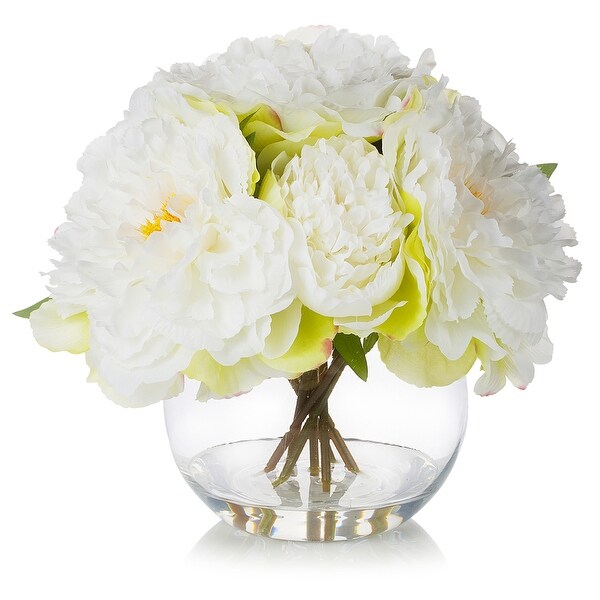 Enova Home Artificial Silk Peony Fake Flowers Arrangement in Round Glass Vase with Faux Water