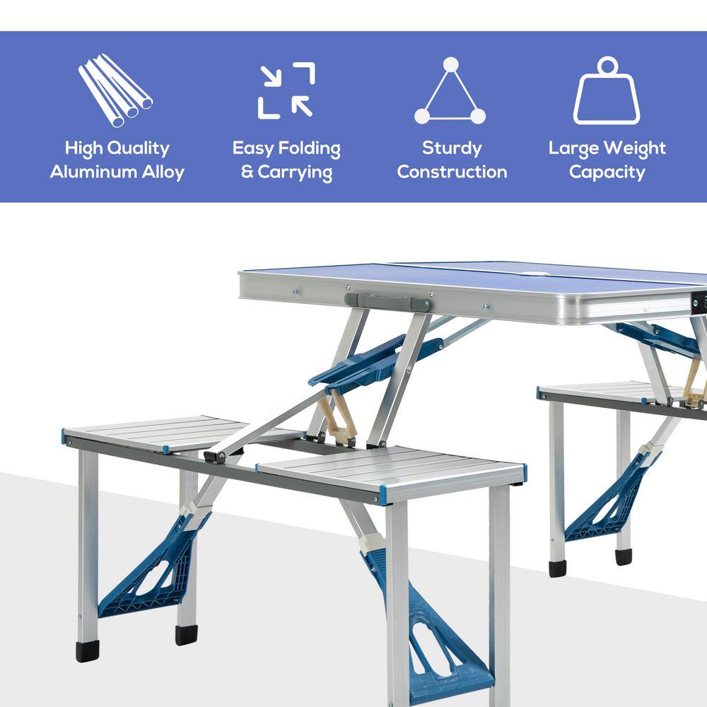 Outsunny Folding Aluminum Outdoor Picnic Table Chair Set with Portable Suitcase Umbrella Hole Handle (4-Seat) A20-203BU