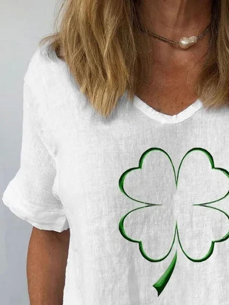 V-neck Casual Loose Clover Print Short-sleeved Blouse