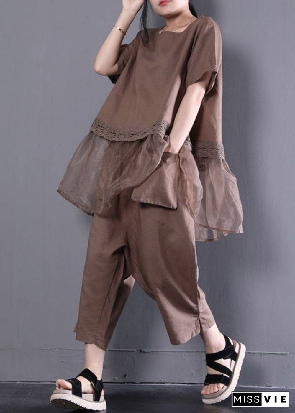 Loose Baggy Chocolate O-Neck Top And Crop Pants Two Pieces Set Summer