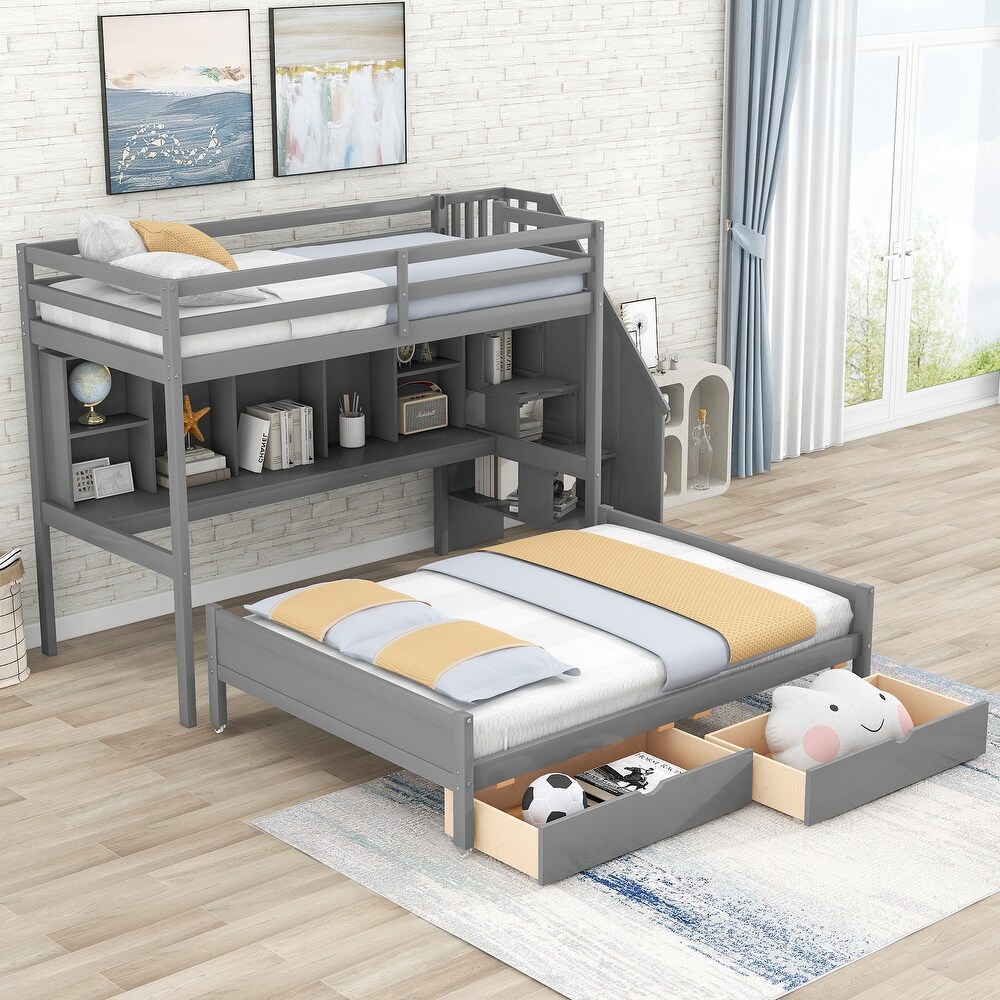 Gray Twin XL over Full Bunk Bed with Built in Storage Shelves  Drawers and Staircase  97.2''L*118.3''W*66.1''H  286.5LBS