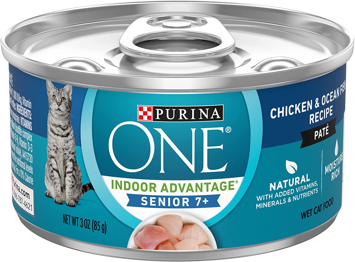 Purina ONE Grain Free Natural Senior Pate Wet Cat Food， Vibrant Maturity 7+ Chicken and Ocean Whitefish Recipe - (24) 3 oz. Pull-Top Cans