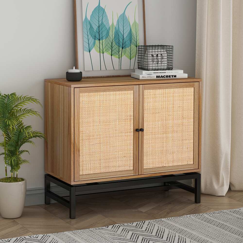 Natural rattan  2 door cabinet  with 1 Adjustable Inner Shelves  rattan  Accent Storage Cabinet