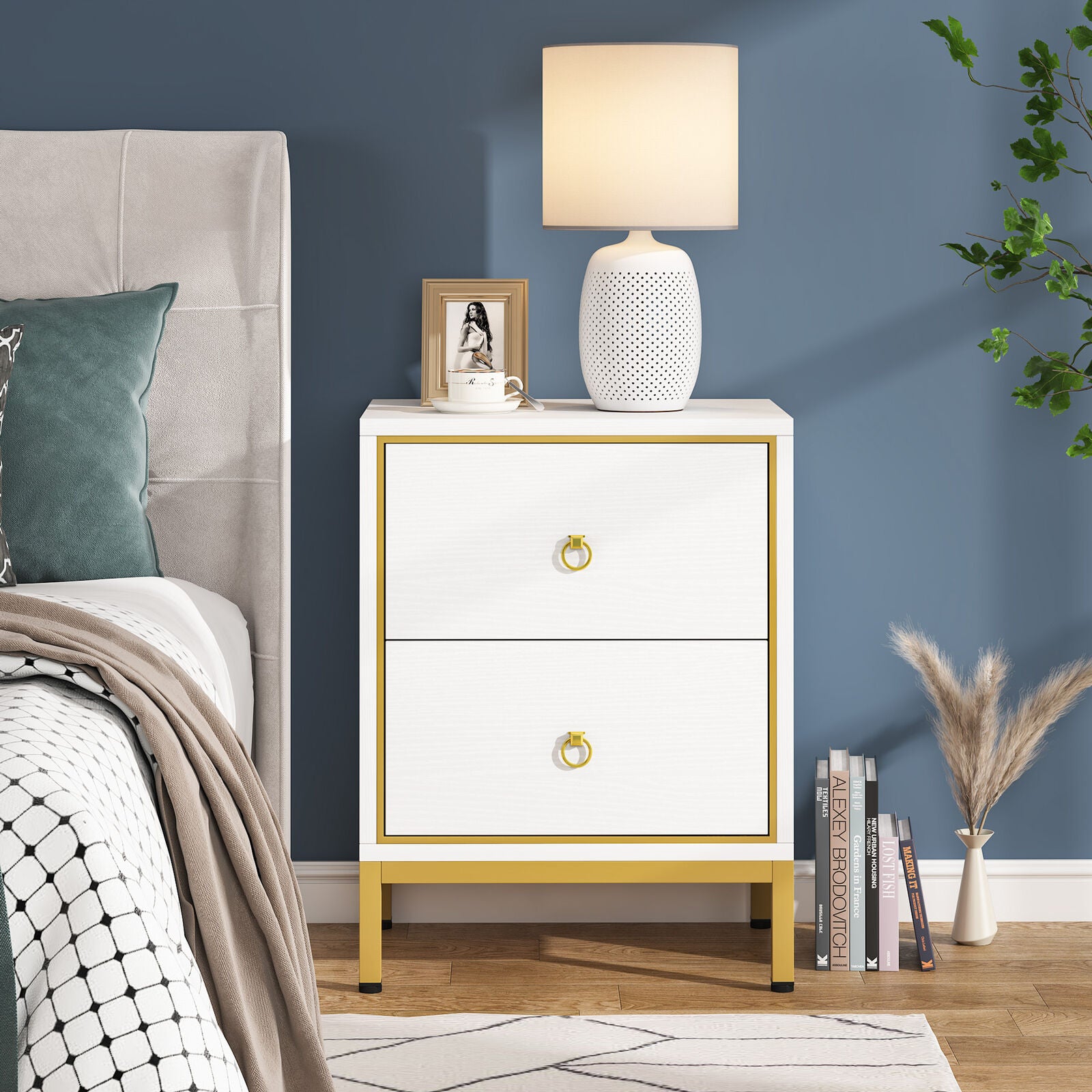 Tribesigns Nightstand with 2 Drawers, White + Gold Bedside End Table for Bedroom, Living Room