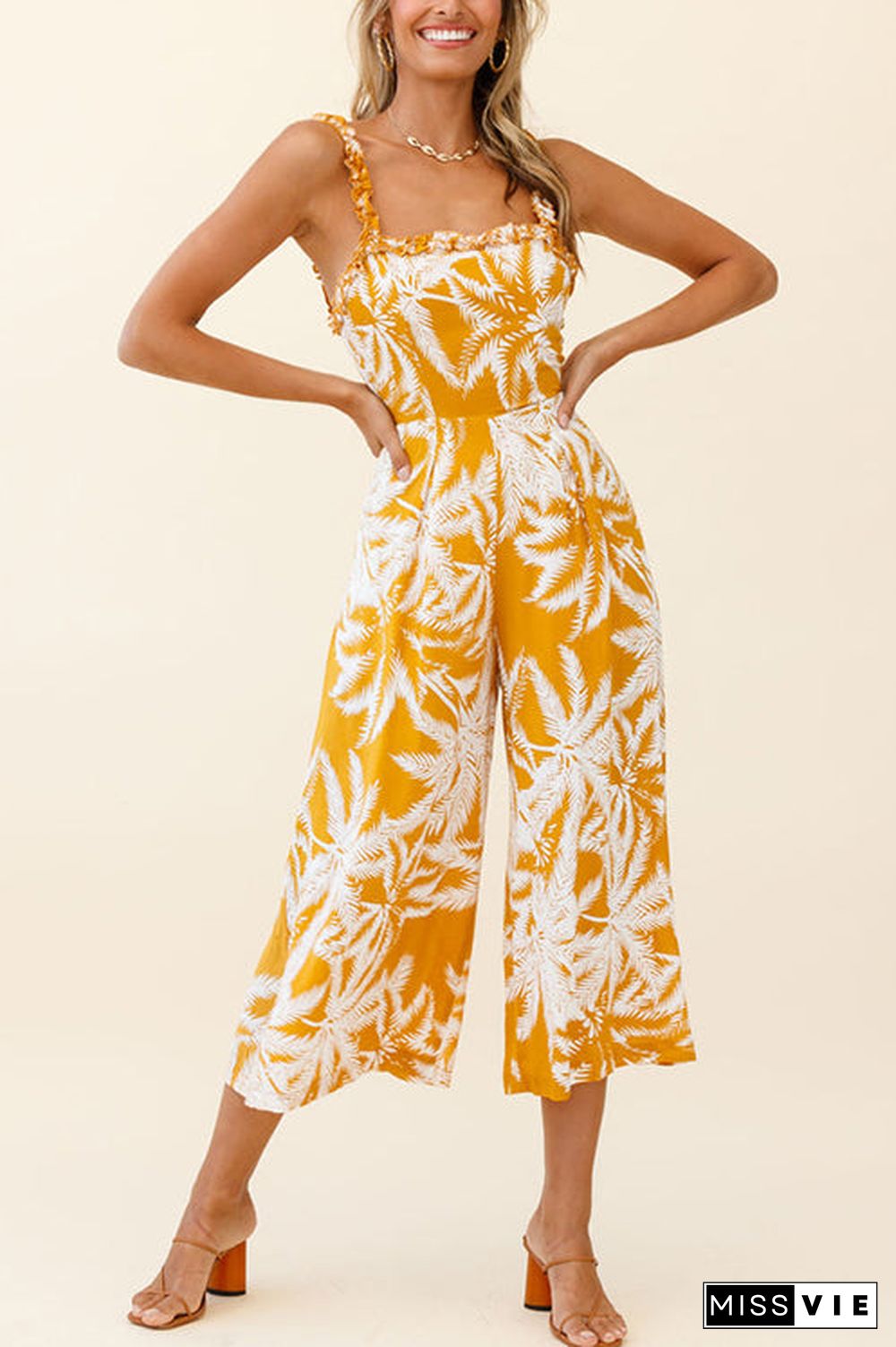 Palm Print Slip Wide Leg Jumpsuits