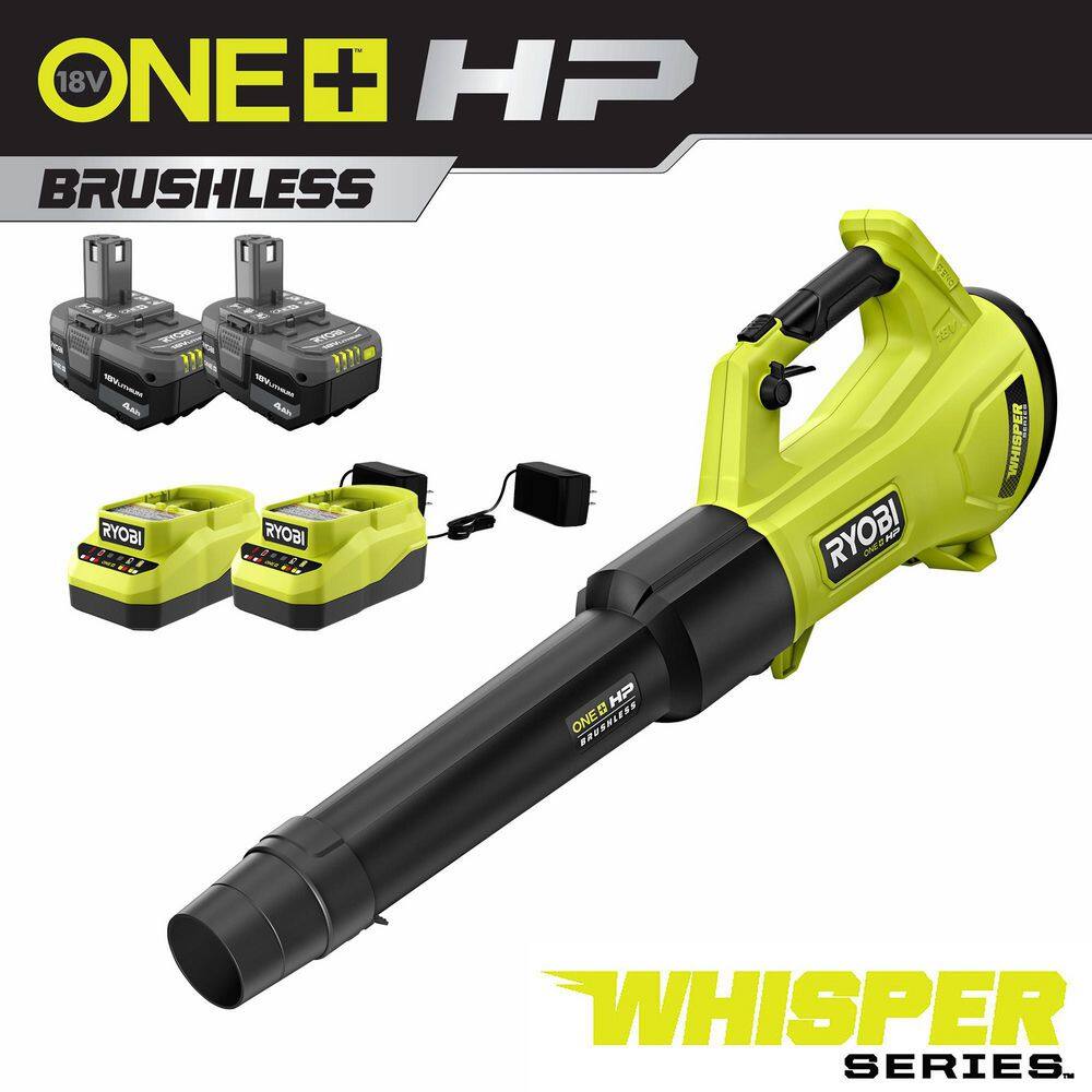 RYOBI ONE+ HP 18V Brushless Whisper Series 130 MPH 450 CFM Cordless Battery Leaf Blower w (2) 4.0 Ah Batteries  (2) Chargers P21140-BK