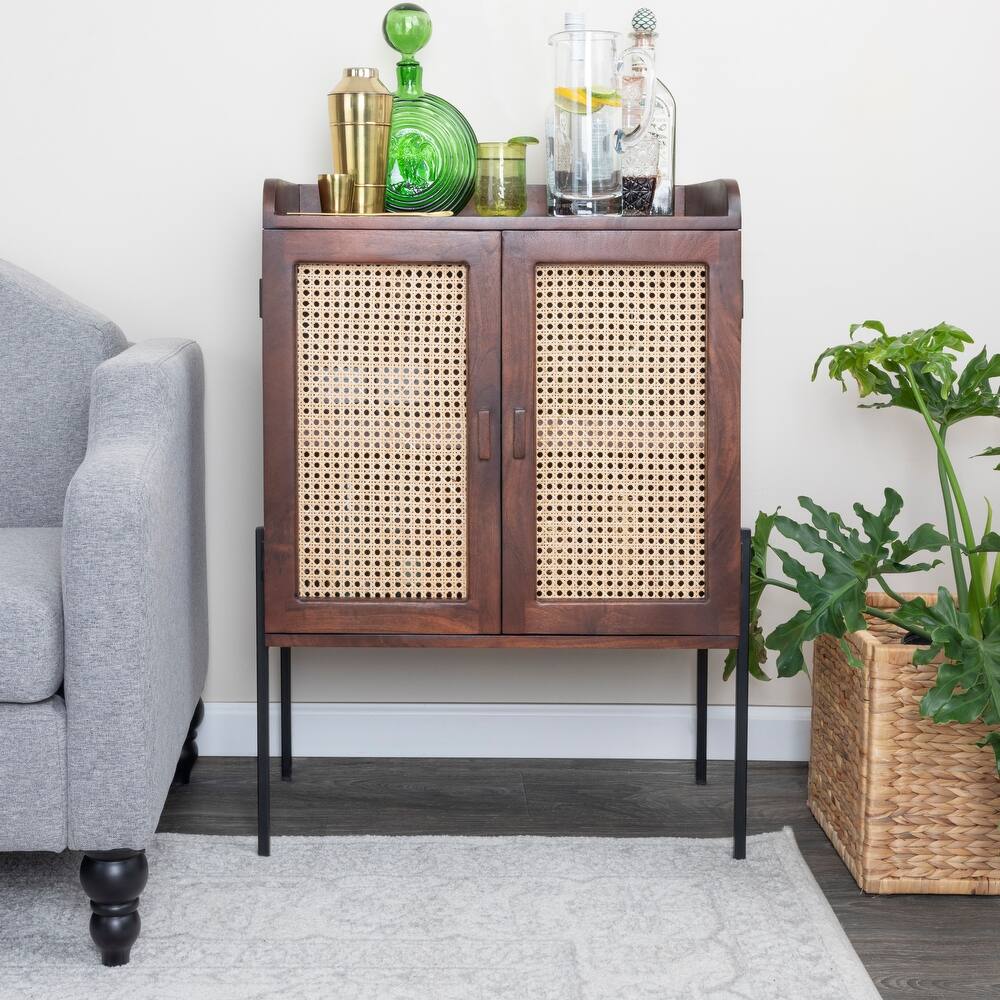 Wood and Metal Bar Cabinet with Cane Panels