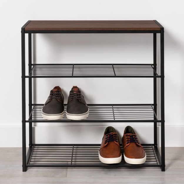 4 Tier Shoe Rack Black Metal With Walnut Wood