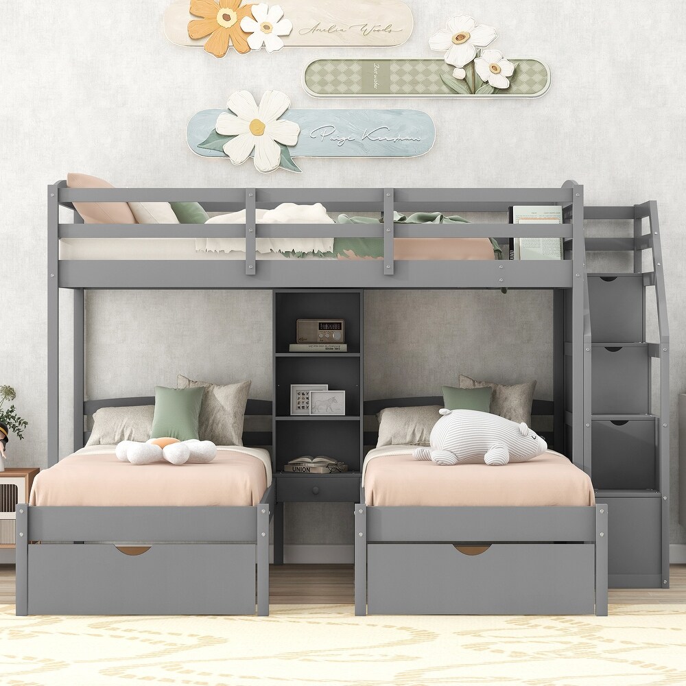 Twin Over Twin Twin Bunk Bed  Triple Bunk Bed w/Drawers  Staircase with Storage  Built in Shelves  for 3 Kids Teens Adults  Grey