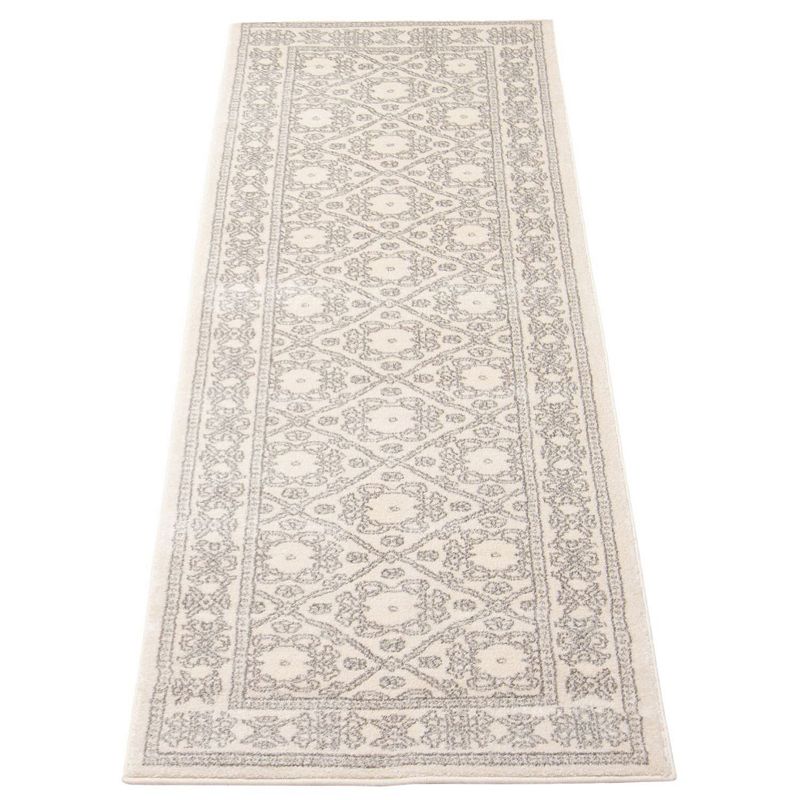 2.5' x 8' Cream and Gray Bordered Damask Rectangular Rug Runner