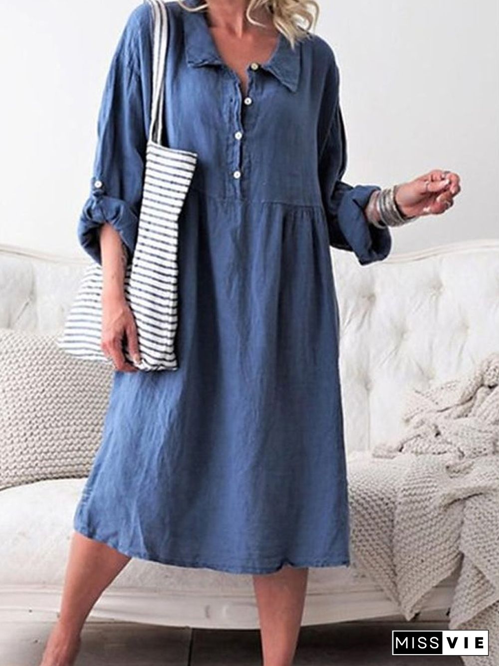 Women's Shirt Dress Midi Dress - Long Sleeve Solid Color Shirt Collar Hot Denim Blue Purple Army Green Orange Khaki S M L XL XXL Linen