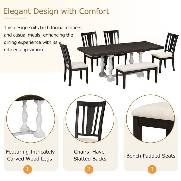 Extendable Dining Table Set with Removable Leaf，Padded Chairs and Bench