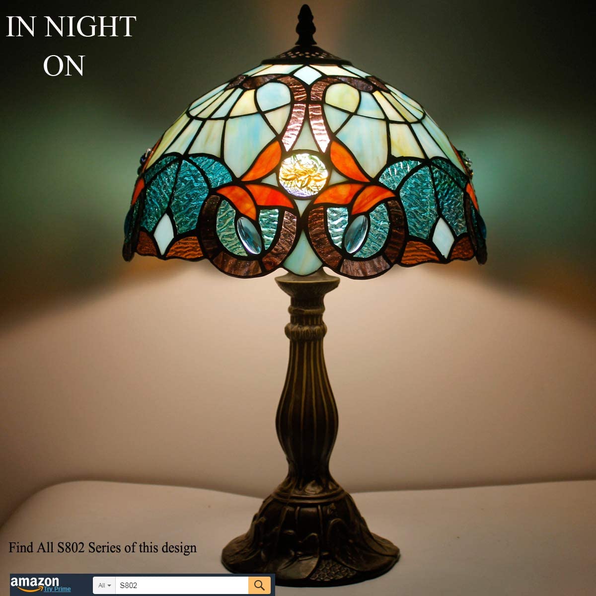 SHADY Tiffany Table Lamp Stained Glass Bedside Lamp Green Blue Floral Desk Reading Light 12X12X18 Inches Decor Bedroom Living Room Home Office S802 Series