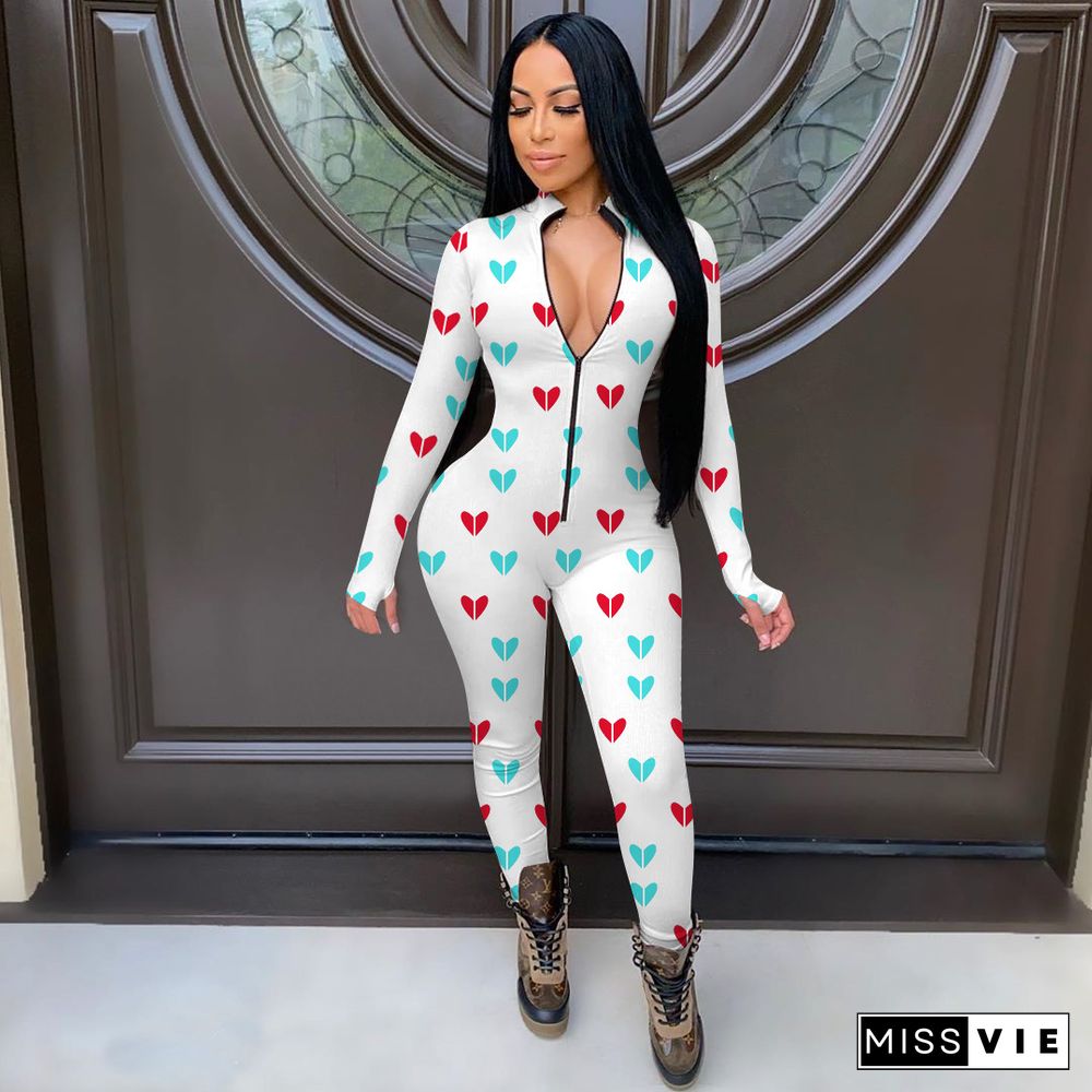 Valentine's Day Element Print Long Sleeve Front Zipper Jumpsuit