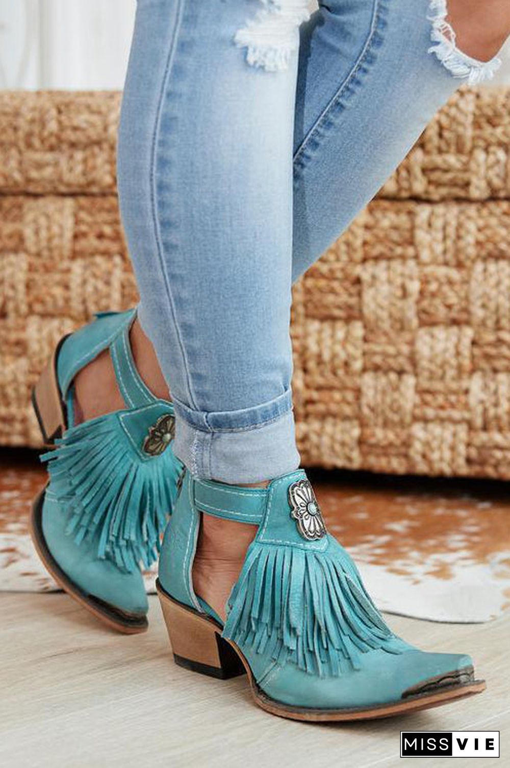 Hollow Tassels Chunky Heels Ankle Boots