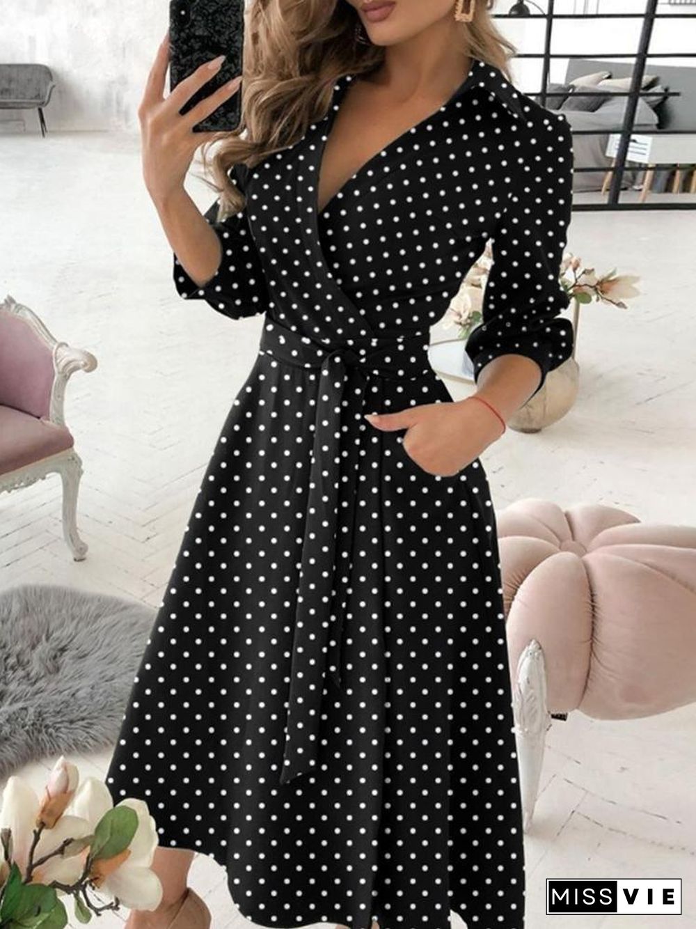 Long Sleeve V-Neck Polka Dot Print Dress