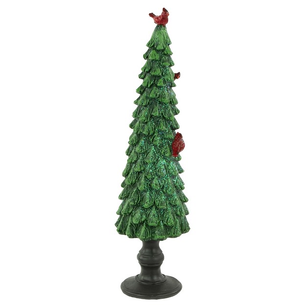 Green Glittered Christmas Tree With Red Cardinals Decoration