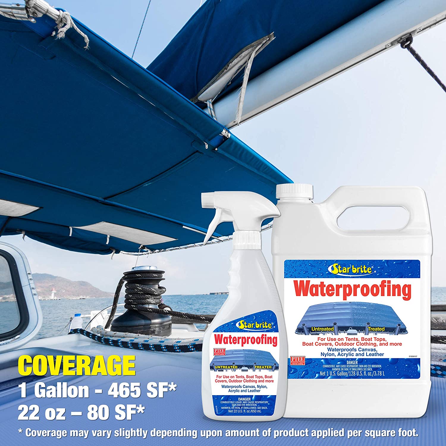 Waterproofing Spray， Waterproofer + Stain Repellent + UV Protection for Boat Covers， Car Covers， Bimini Tops， Tents， Jackets， Backpacks， Boots， Awnings， Patio Covers and More