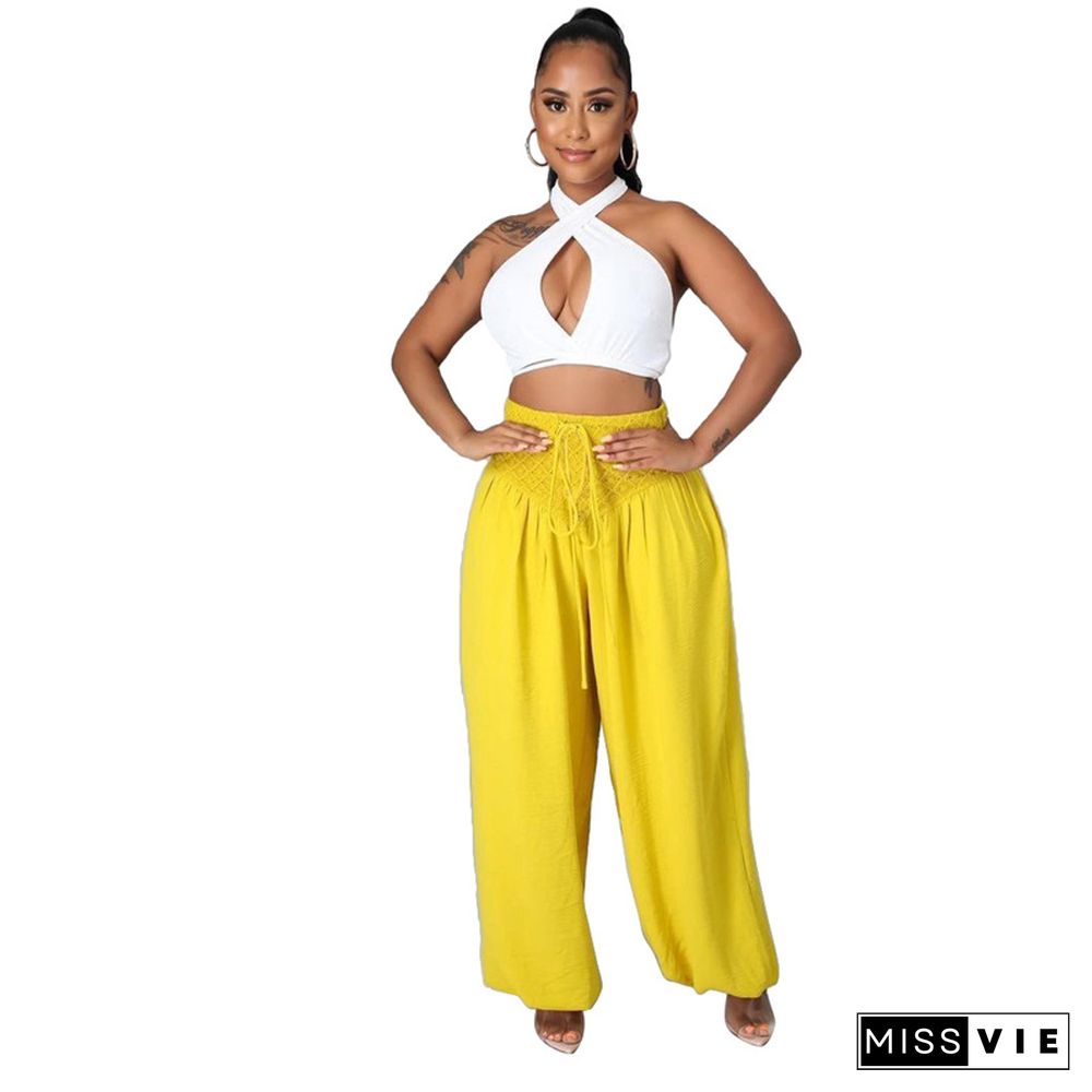 Solid Cross Halter Strapless Crop Top Wide Leg Pants 2 Pieces