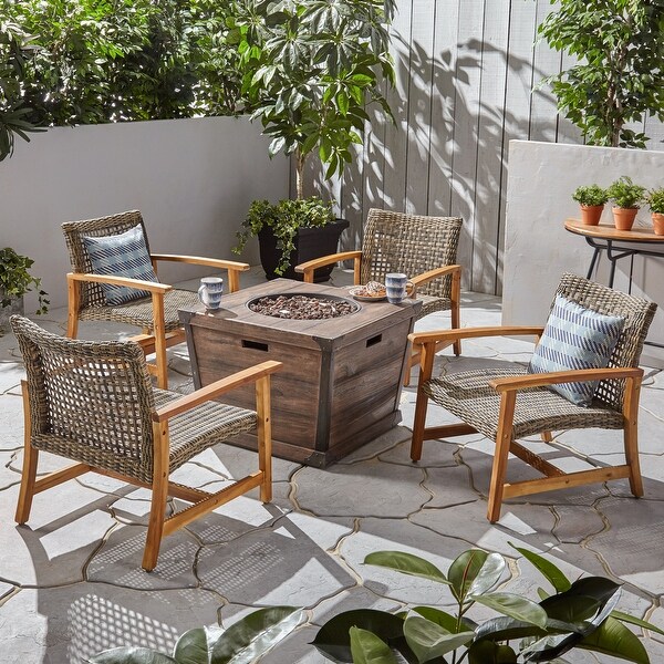 Hampton Outdoor Wood and Wicker Club Chair Set with Fire Pit by Christopher Knight Home