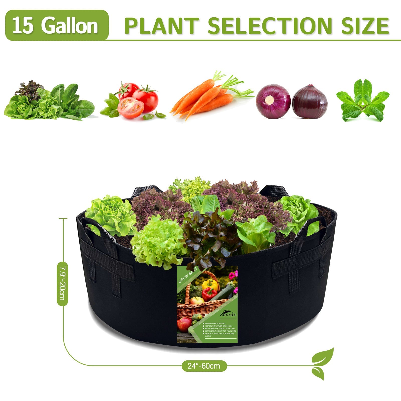 15 Gallon Plant Grow Bag with Handles, Large Heavy Duty Fabric Grow Pot, Durable Breathe Cloth Planting Container for Potato Carrot Onion, Gardening Outdoor