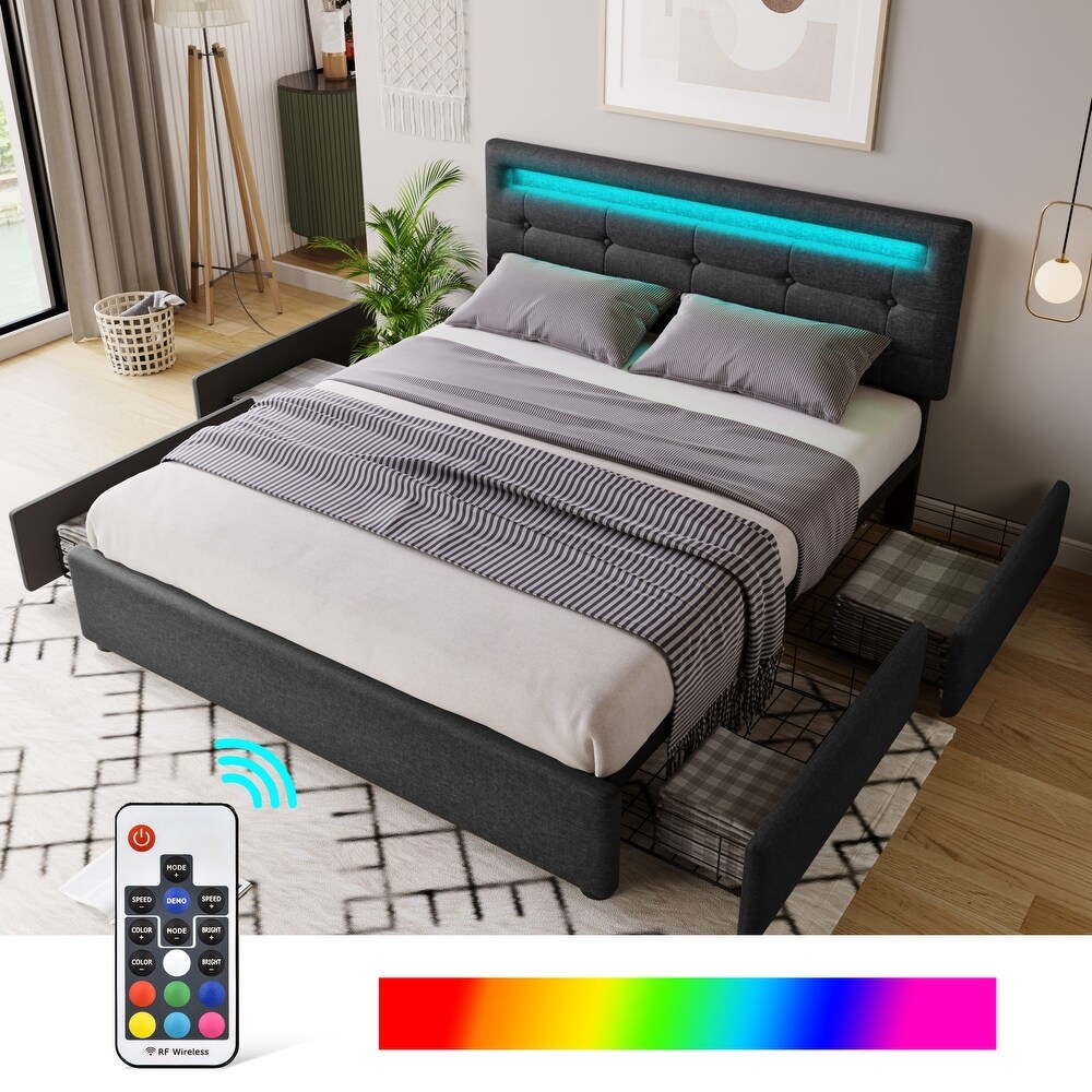 Upholstered Bed Frame w/ 4 Storage Drawers  Full/ Queen Size Platform Bed Frame with LED Lights and Adjustable Headboard