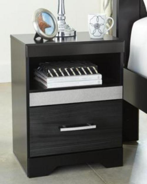 Signature Design by Ashley Starberry Glam 1 Drawer Nightstand with 2 Slim-Profile USB Charging Stations and Silvertone Glitter Accents， Black