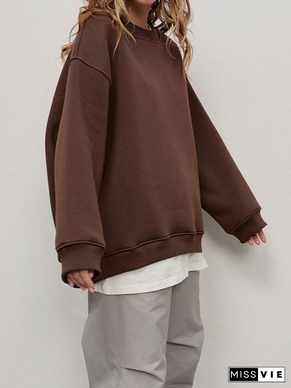 Long Sleeves Loose Solid Color Round-Neck Sweatshirt Tops