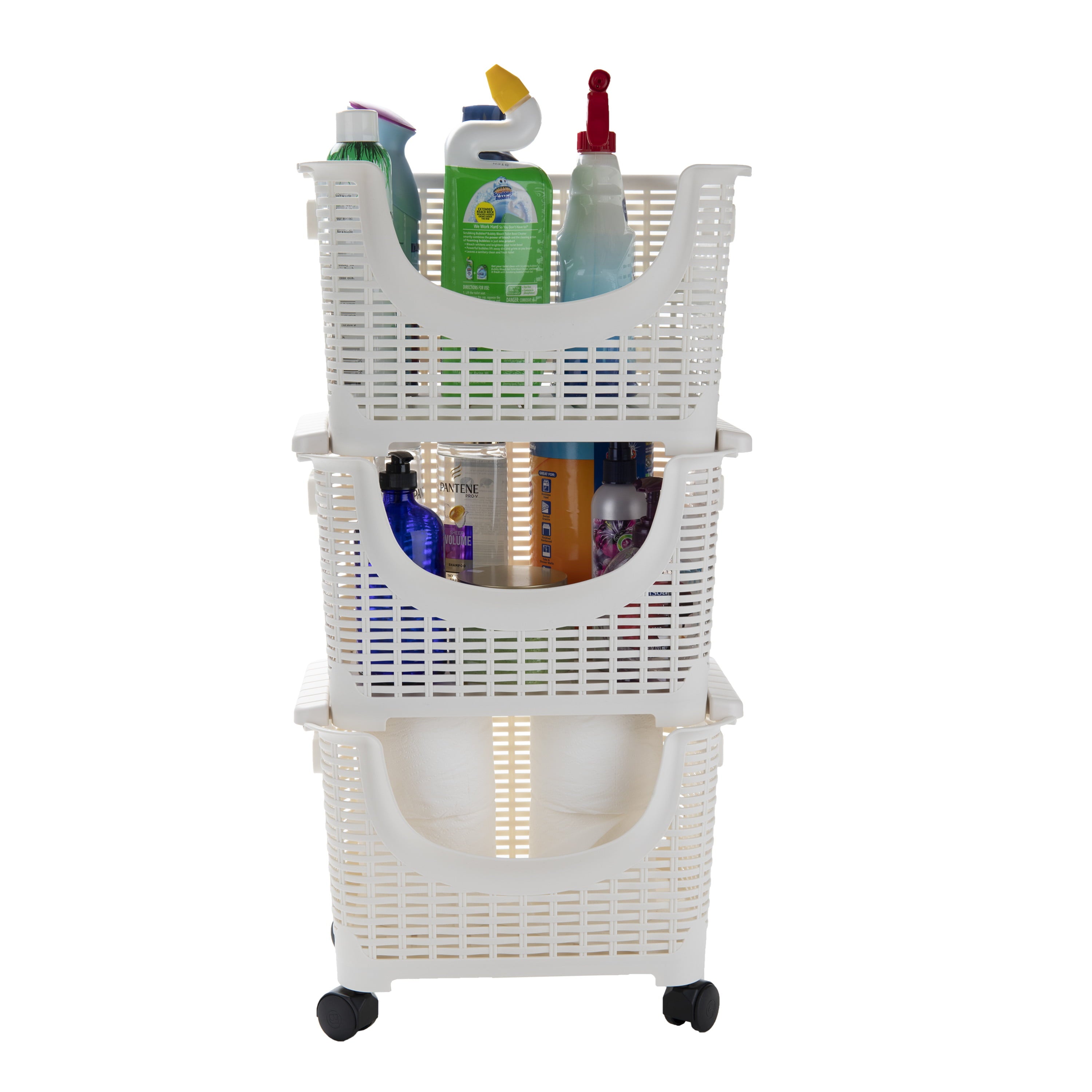 3-Tier Stackable Rolling Storage Bins， Plastic， White