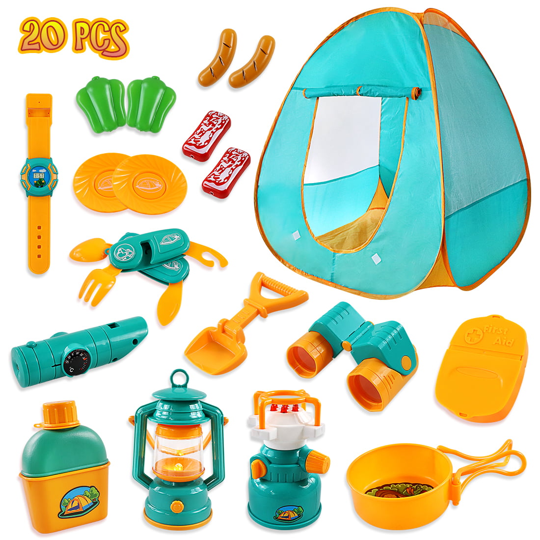 Kids Camping Play Tent Gear Set with Pretend Equipment Tool Indoor Outdoor Toys for Toddlers