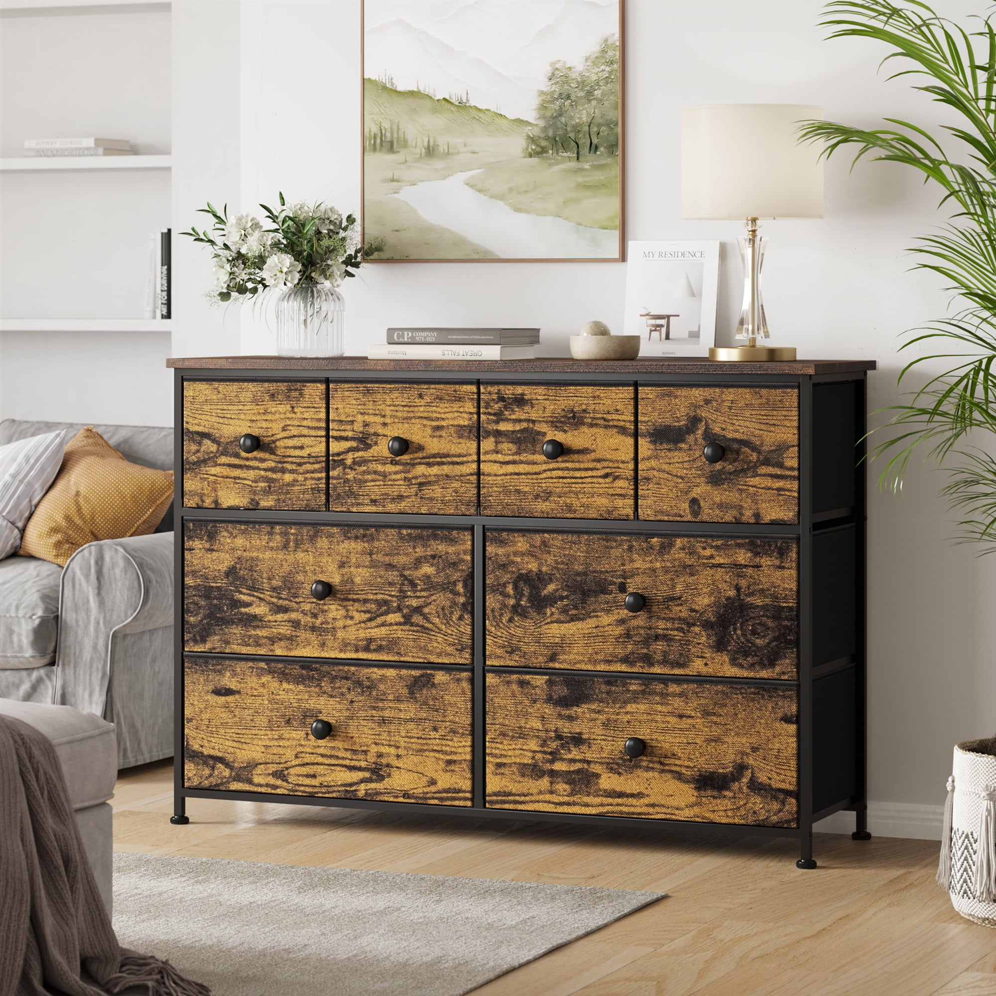 REAHOME 8 Drawer Dresser for Bedroom Fabric Dresser Chest of Closets Storage Units Organizer Tower Steel Frame Wooden Top Living Room (Rustic Brown)