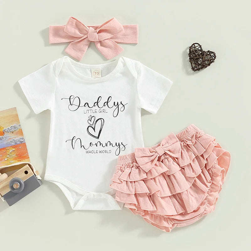 2023-02-14 Lioraitiin Baby Girl 3Pcs Father's Day Clothing Short Sleeve Round Neck Letters Print Bodysuit Tops Skirt Head Band