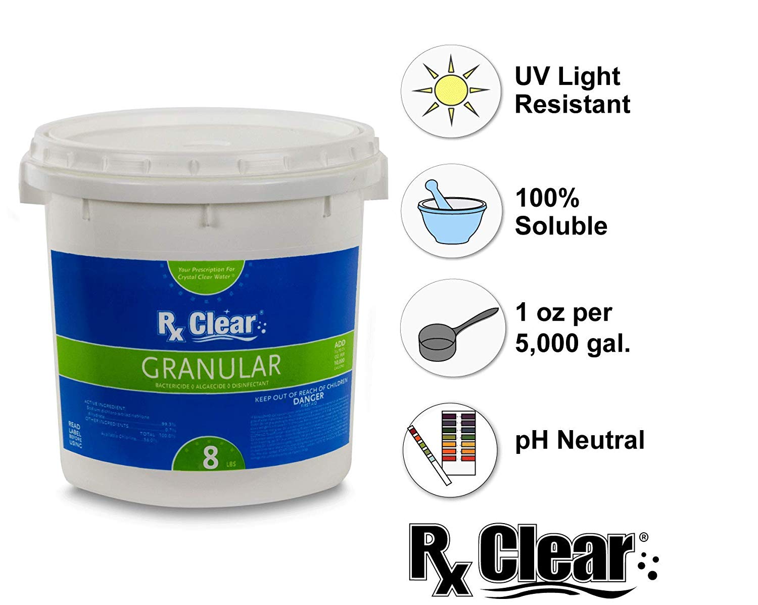 Rx Clear Granular Swimming Pool Chlorine - 8 lb Bucket