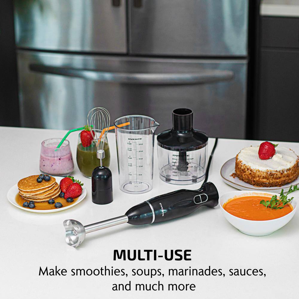 OVENTE Ultra-Stick 2-Speed Black Hand Immersion Blender Set with Whisk+Beaker+Chopper HS565B