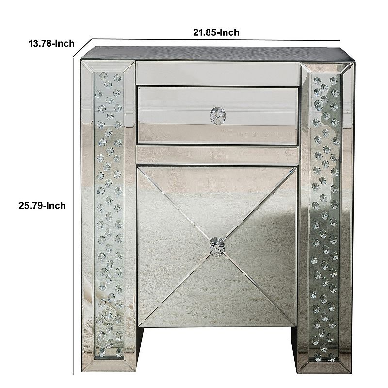 Wood and Mirror Nightstand with Crystal Inserts， Silver