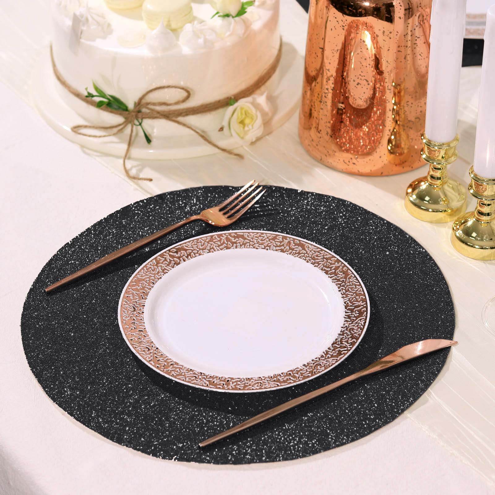 6 Pack Black Sparkle Placemats, Non Slip Decorative Round Glitter Table Mat