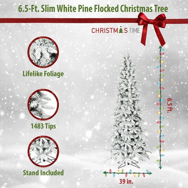 Christmas Time 6.5Ft. Slim White Pine Flocked Christmas Tree